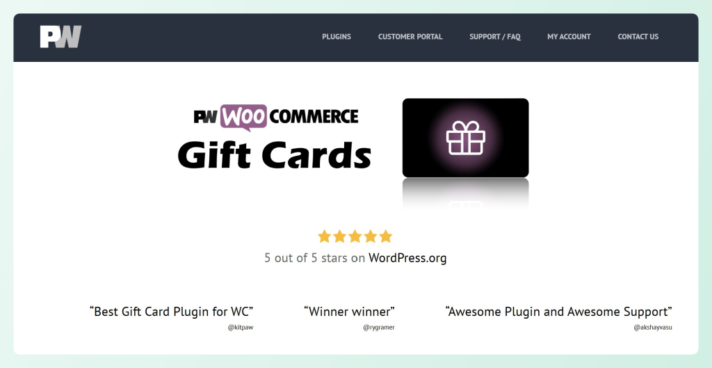 PW WooCommerce Gift Cards product page with customer review quotes