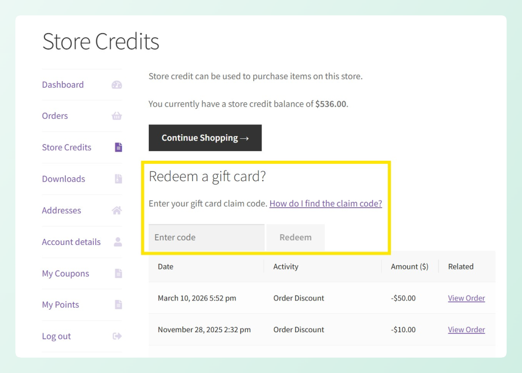 Gift card redemption field on a WooCommerce Store Credits page