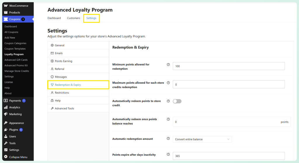 Advanced Loyalty Program settings with the Redemption and Expiry tab selected