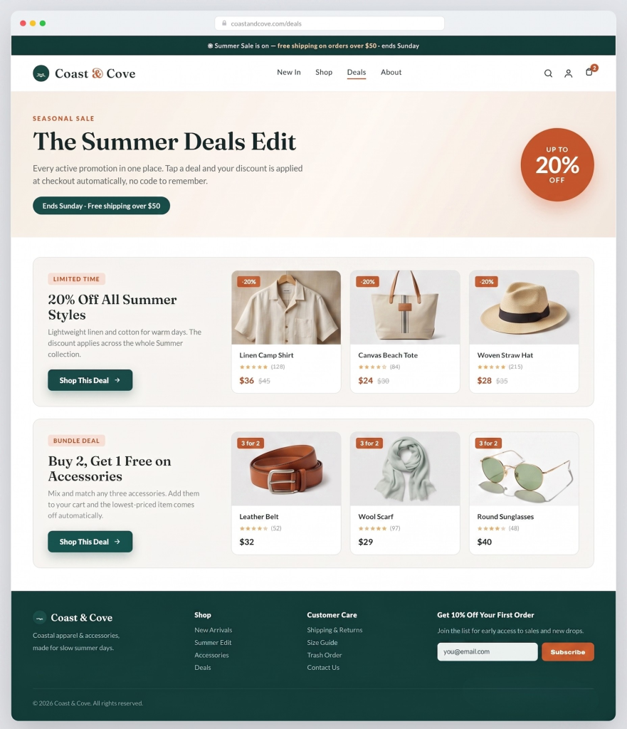 WooCommerce coupon landing page with summer sale sections, product cards, and Shop This Deal buttons