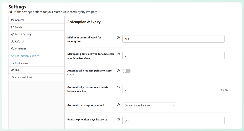 Redemption and Expiry settings showing minimum and maximum points limits