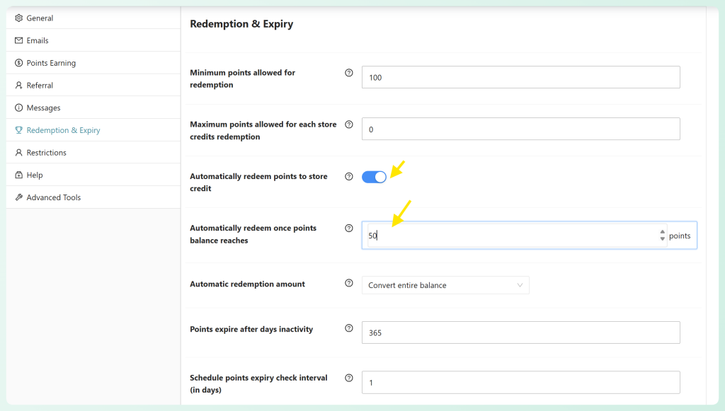 Automatic points redemption enabled with a 50-point threshold