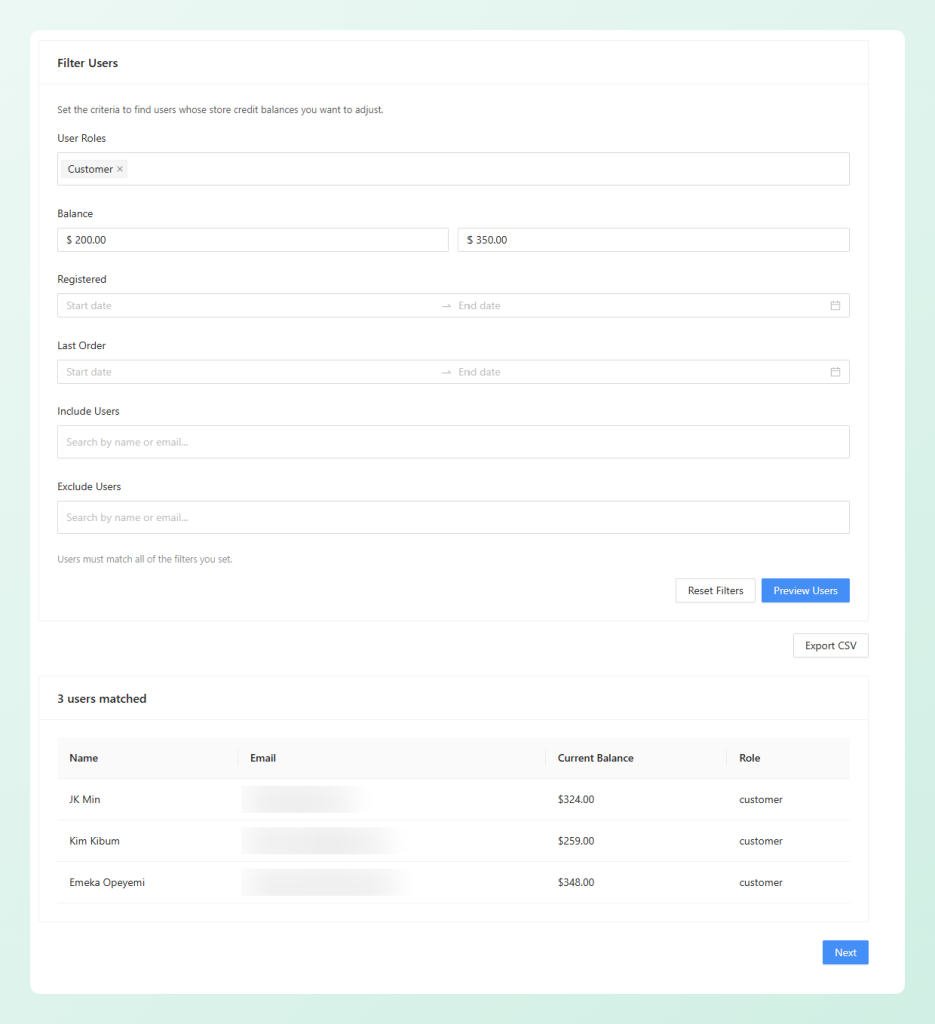 step-1-filter-users-blurred - Advanced Coupons Bulk store credit adjustment wizard filtering WooCommerce customers by role and balance