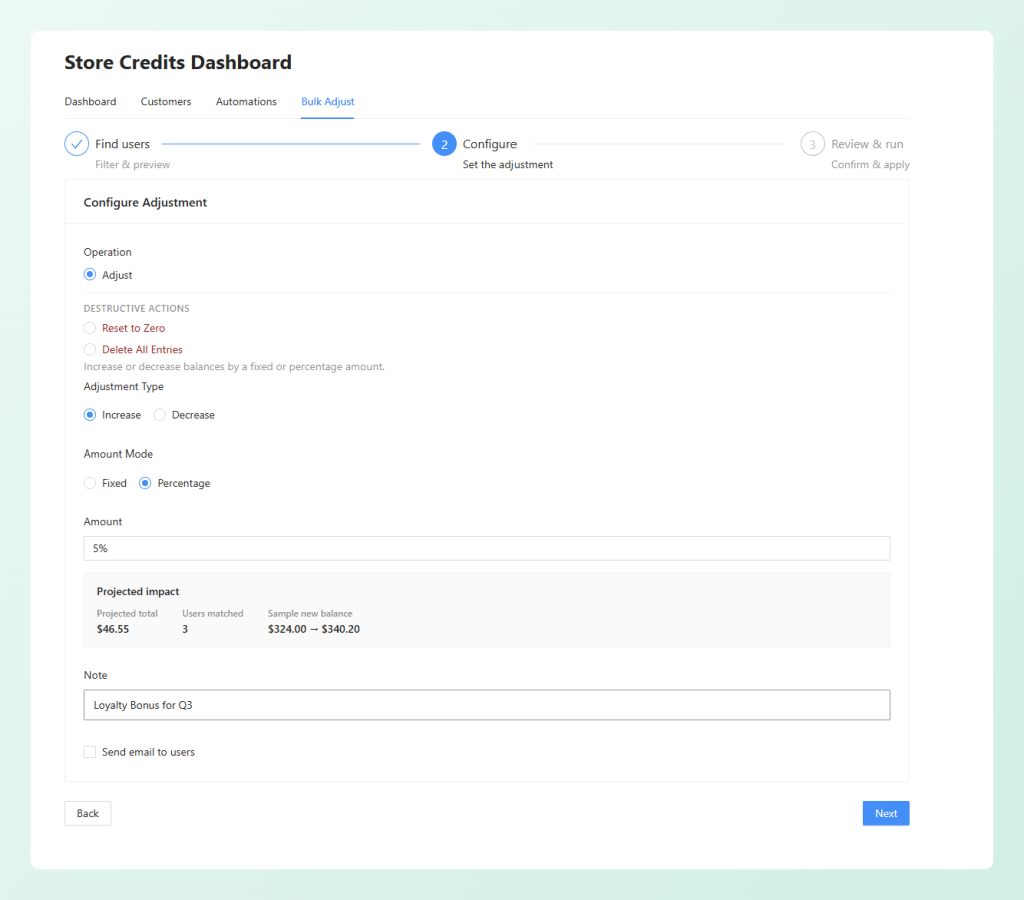 step-2-configure - Advanced Coupons Configuring a bulk store credit adjustment with a live projected impact summary