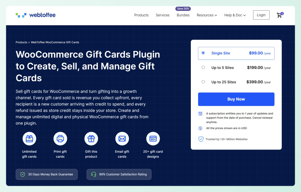 WebToffee WooCommerce Gift Cards page showing pricing and key features