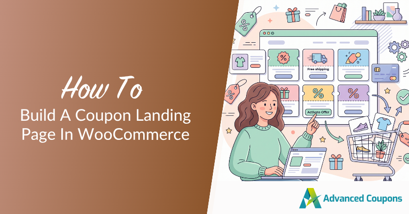 Illustration of a woman at a laptop planning a WooCommerce coupon landing page, surrounded by colorful coupons and shopping icons, with Advanced Coupons branding.