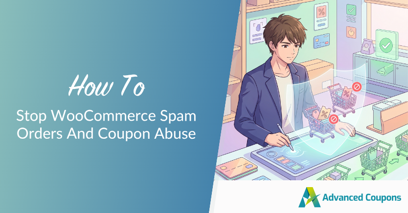 Illustration of a person using a futuristic checkout to prevent coupon abuse for WooCommerce