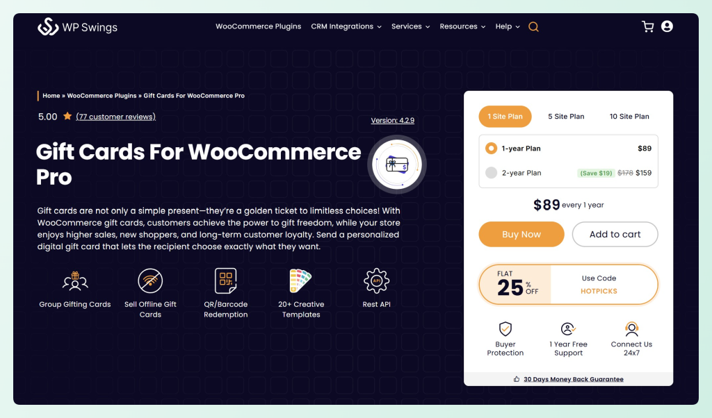 WP Swings Gift Cards For WooCommerce Pro pricing and feature page