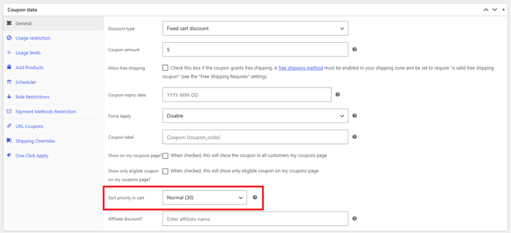 Coupon data settings panel with fields for discount type, amount, expiry, and a highlighted Sort priority in cart option set to Normal (30)