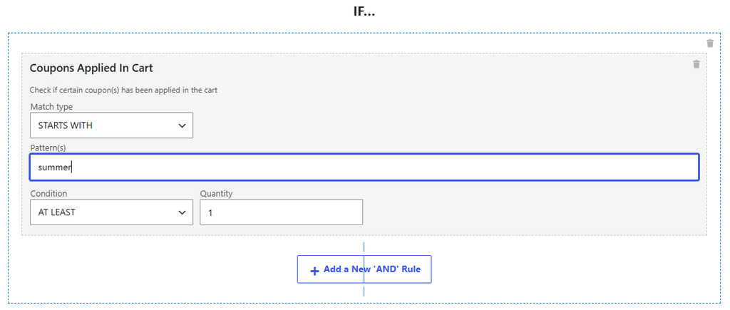 Coupon rule editor: match type STARTS WITH, pattern'summer', condition AT LEAST 1, with a button to add a new AND rule