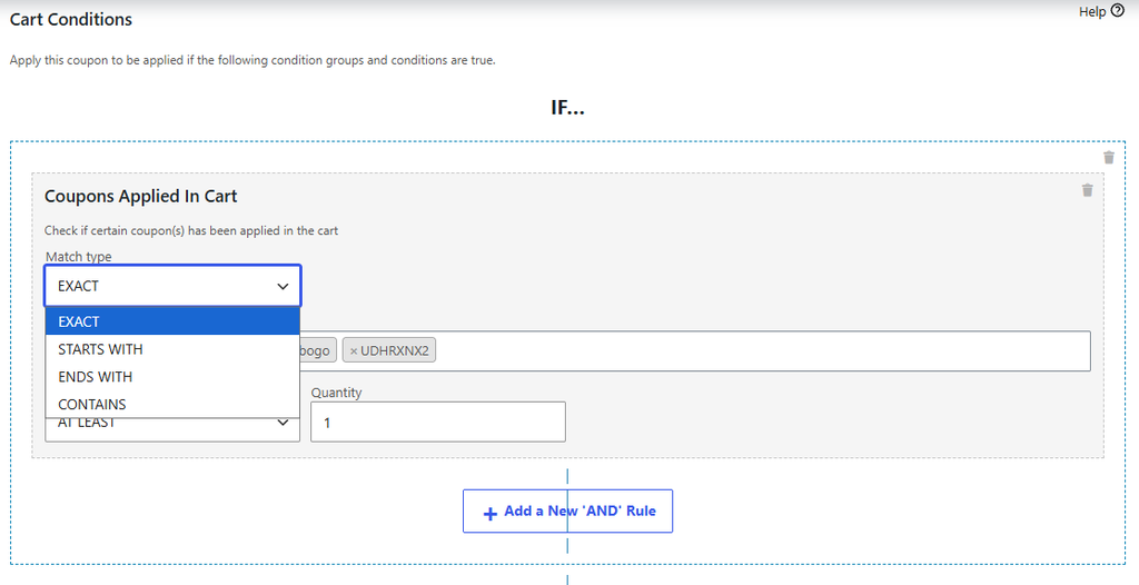 Coupons Applied In Cart condition on a coupon edit screen with the AT LEAST option and a coupon selected