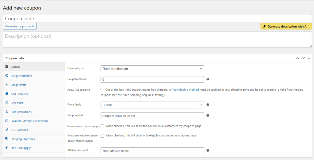 Admin-Panel: Formular zum Hinzufügen eines neuen Coupons mit Codefeld, Beschreibung und Einstellungs-Tabs