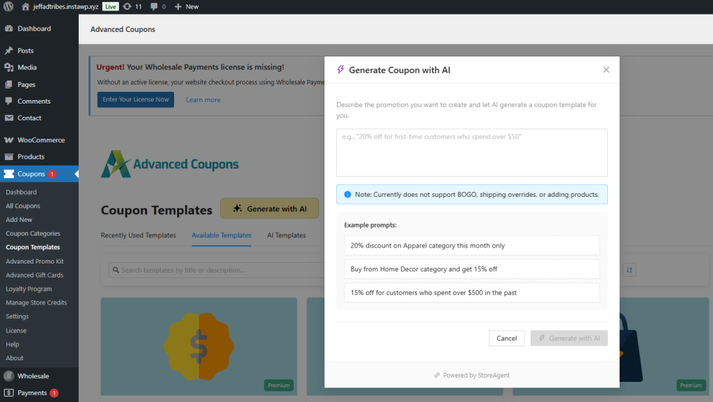 Screenshot des WordPress-Adminbereichs, der Advanced Coupons mit einem Modal mit dem Titel 'Coupon mit KI generieren' zeigt, das eine Beschreibungsaufforderung, Beispielaufforderungen und eine deaktivierte Schaltfläche 'Mit KI generieren' sowie eine 'Abbrechen'-Option enthält.