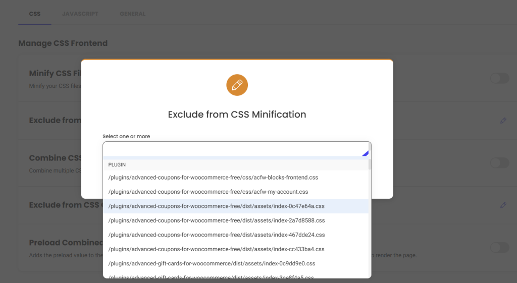 Finestra di dialogo modale con titolo 'Escludi dalla minificazione CSS' con un elenco a discesa di file CSS del plugin da escludere.
