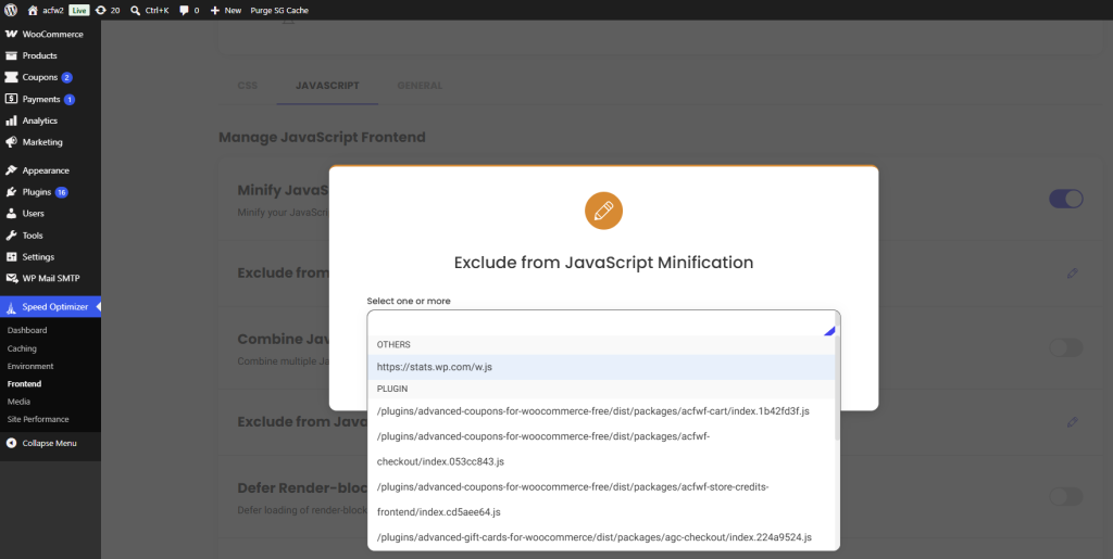 Finestra di dialogo modale nell'amministrazione di WordPress con titolo 'Escludi dalla minificazione JavaScript' con un elenco multi-selezione di script da escludere dalla minificazione in Speed Optimizer