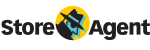 Store Agent Logo: Schwarzer Fettdruck mit einem gelben Kreis hinter einer schwarzen Fedora-Silhouette.