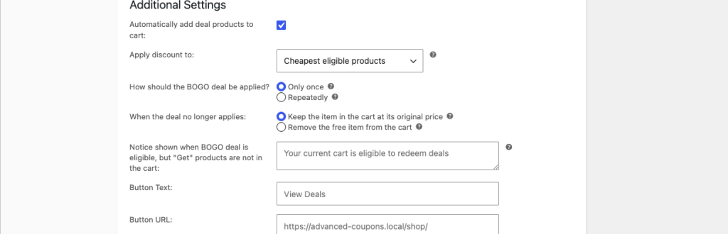 The BOGO Additional Settings showing the When the deal no longer applies options