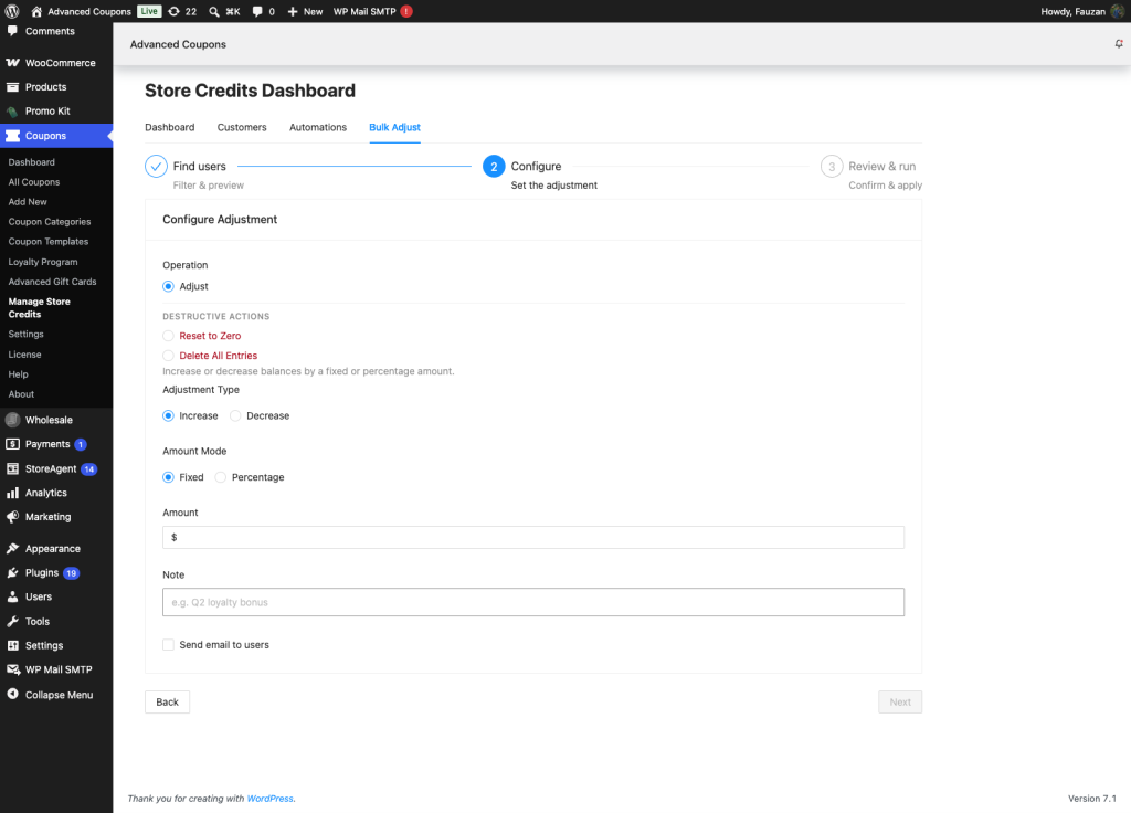 The Bulk Adjust configure step showing the Send email to users checkbox
