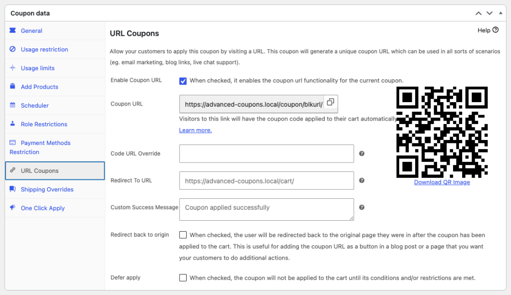 La scheda URL dei coupon che mostra la casella di controllo Reindirizza all'origine