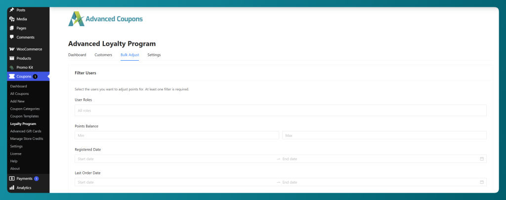Bulk Adjust tab in Advanced Loyalty Program showing the Filter Users panel in WooCommerce