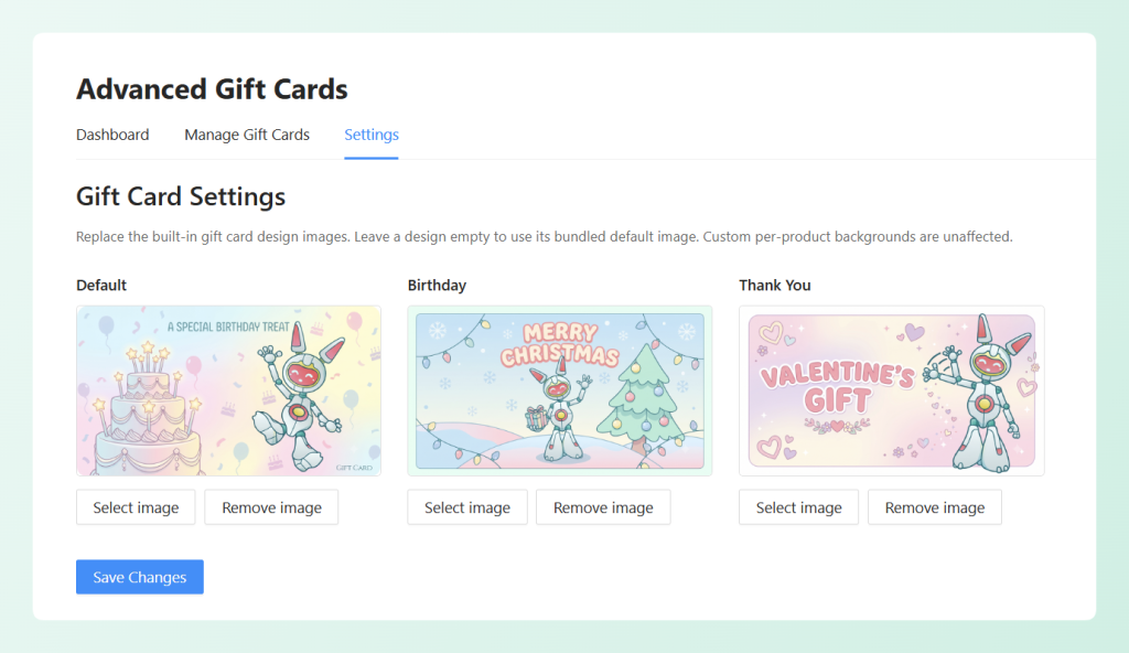 Custom images saved for three Advanced Gift Cards designs