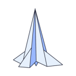 Blue origami-style rocket standing upright on a white background.