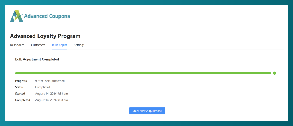 Completed bulk loyalty points adjustment showing the progress bar and operation status in WooCommerce