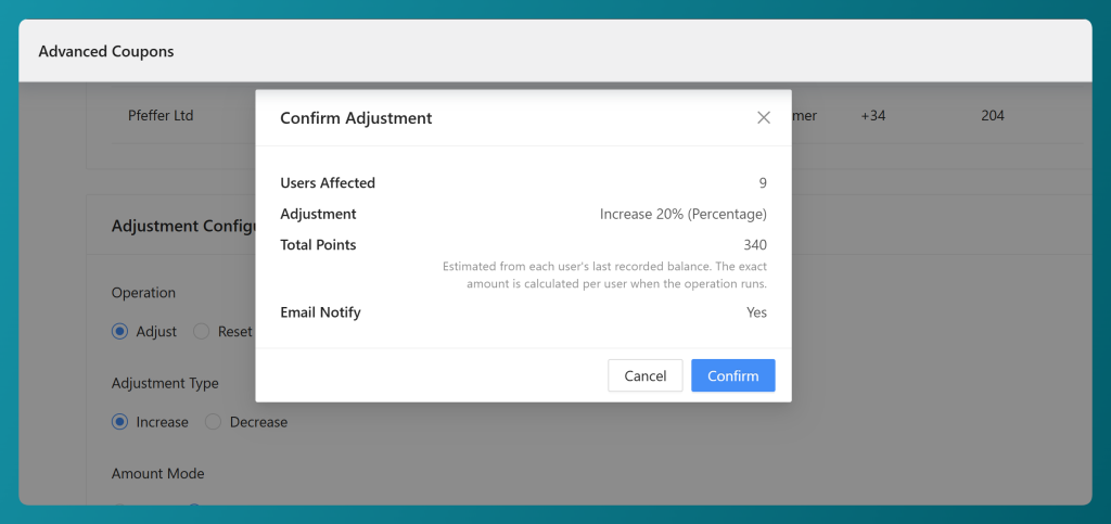 Confirmation summary showing users affected and total points before applying a bulk loyalty points adjustment