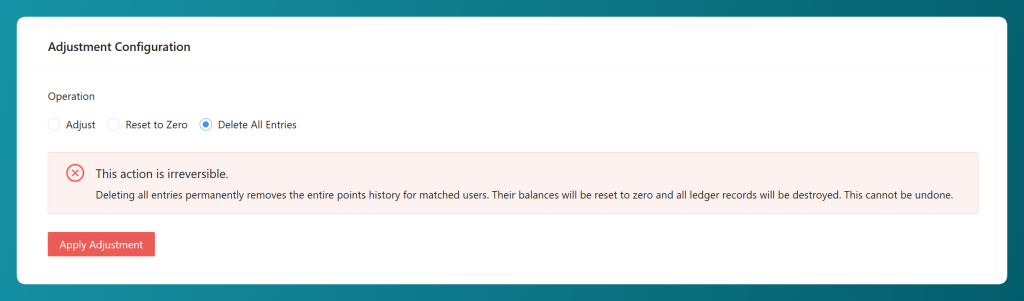 Delete All Entries warning explaining that removing loyalty points history cannot be undone