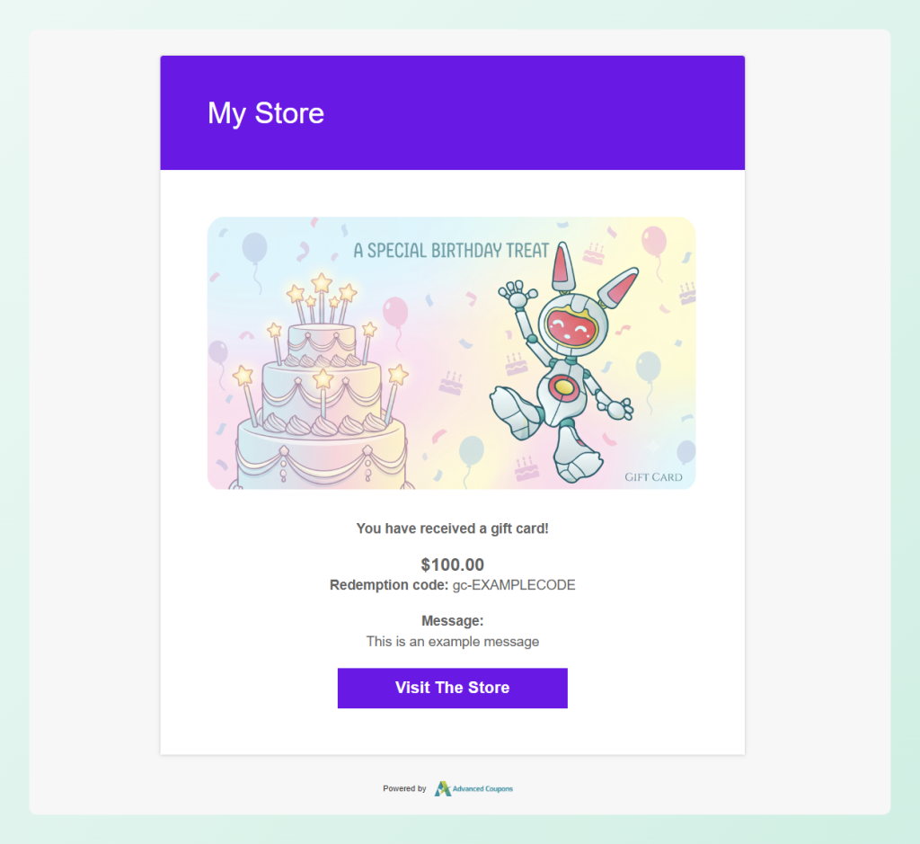 Gift card email preview showing birthday artwork and card details