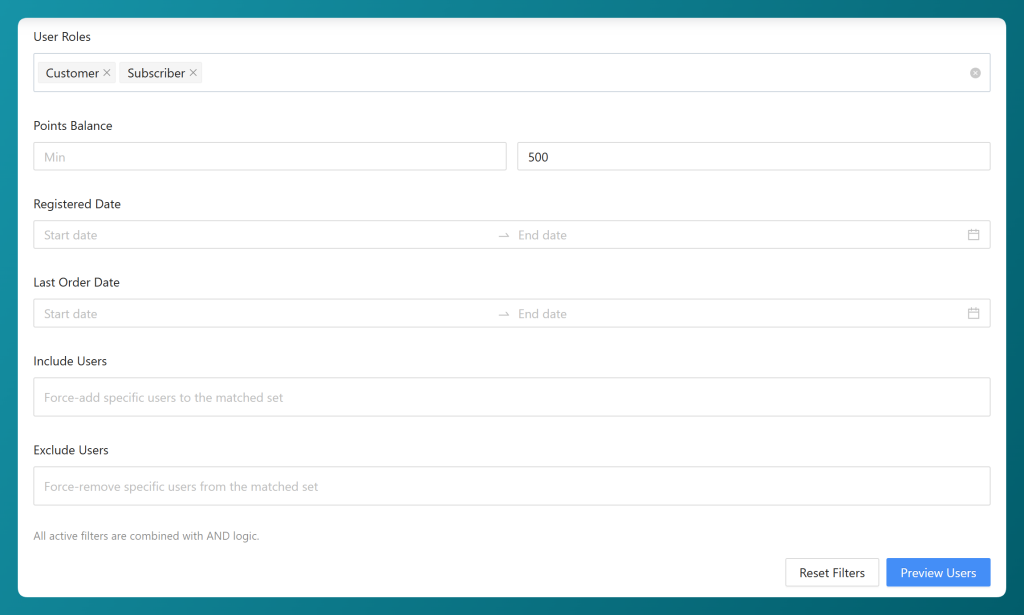 Filtering WooCommerce customers by user role and points balance before a bulk loyalty points adjustment