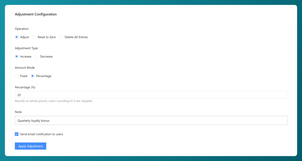 Setting a percentage increase, admin note, and email notification for a bulk loyalty points adjustment