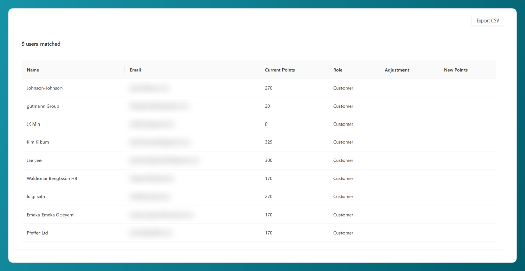 Preview table showing matched WooCommerce customers with their current loyalty points balances and roles