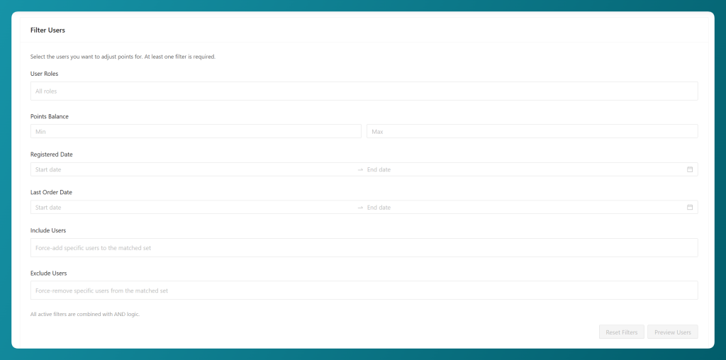 Filter Users panel with user roles, points balance, and date filters for bulk adjusting loyalty points
