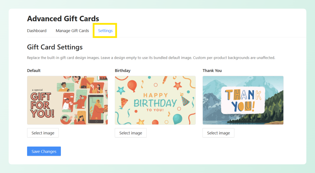 Advanced Gift Cards settings showing three built-in gift card designs