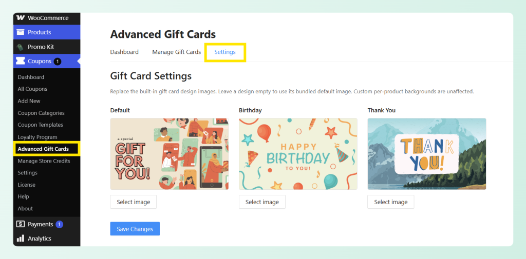 Advanced Gift Cards Settings tab showing three gift card designs