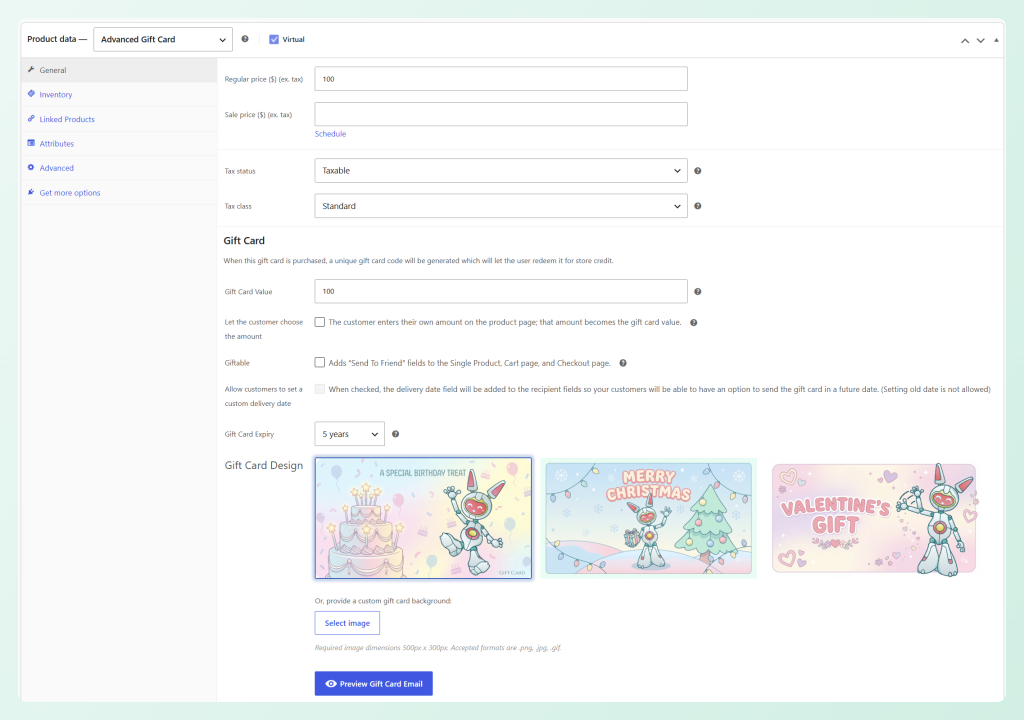 Advanced Gift Card product showing three gift card design options