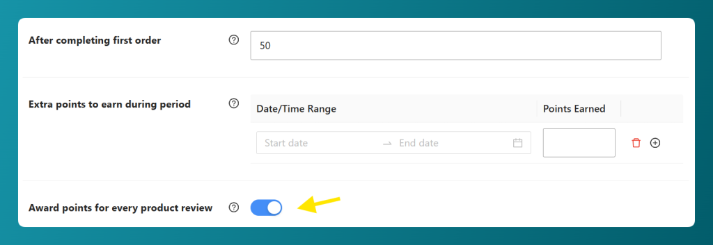Award points for every product review setting in the WooCommerce loyalty program points earning tab