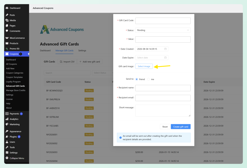 Manual gift card form showing the Gift card image selector