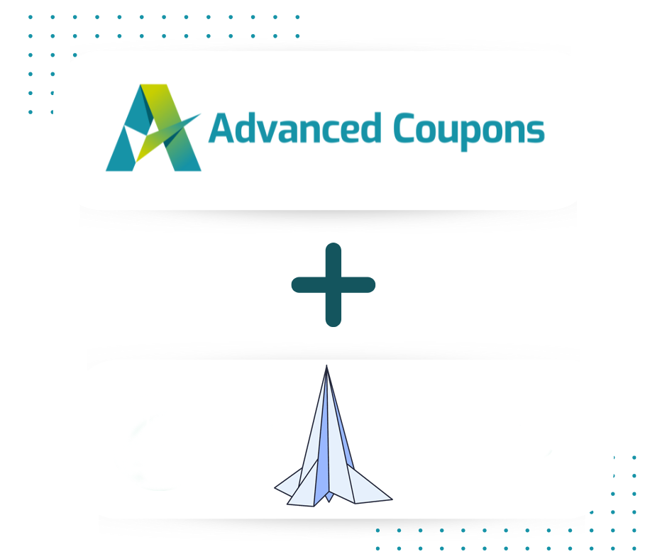 Logo di Advanced Coupons sopra un segno più verde acqua e un logo stilizzato di aeroplano di carta sotto, suggerendo una partnership o una combinazione.