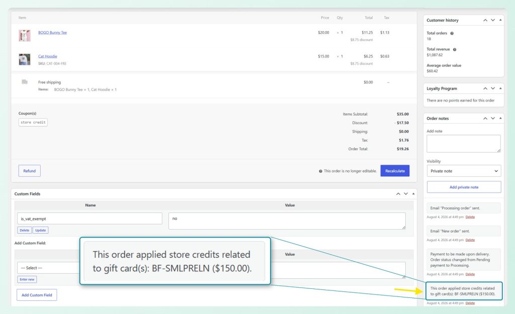WooCommerce order note linking applied store credit to a gift card