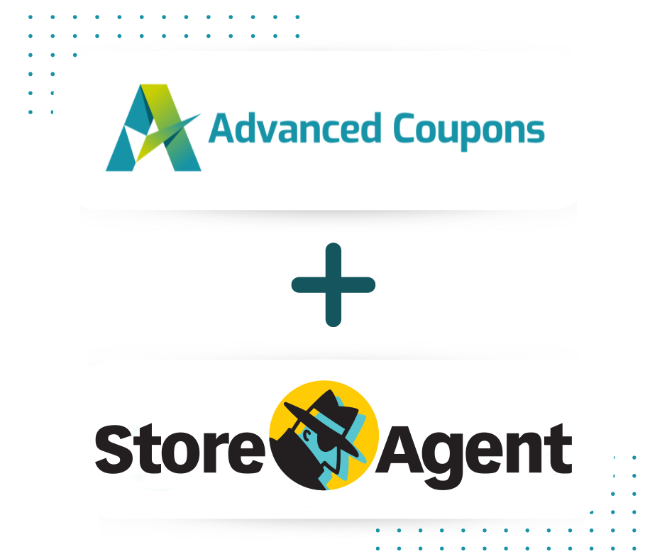 Logo-Paar, das Advanced Coupons oben und Store Agent unten zeigt, mit einem tealfarbenen Pluszeichen dazwischen, das eine Partnerschaft oder Zusammenarbeit vorschlägt.