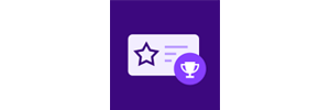 Icona di un distintivo di premio su sfondo viola, con un motivo a stella e trofeo.