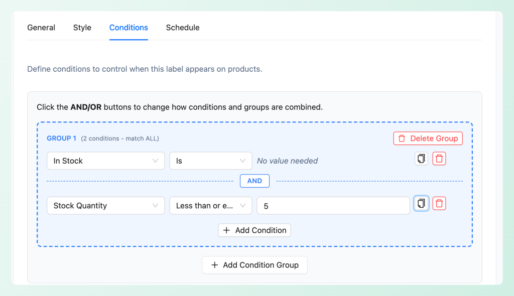 Two conditions in one AND group keep the low stock badge off sold out products