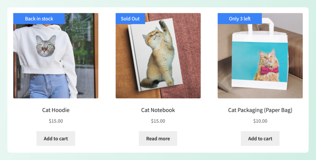 WooCommerce category grid showing Sold Out, Only 3 left, and Back in stock badges