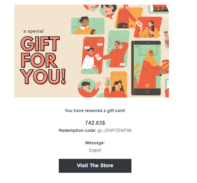 Illustration promotionnelle pour une offre de carte-cadeau avec le texte 'CADEAU POUR VOUS !' et diverses personnes qui célèbrent sur un fond de collage coloré.