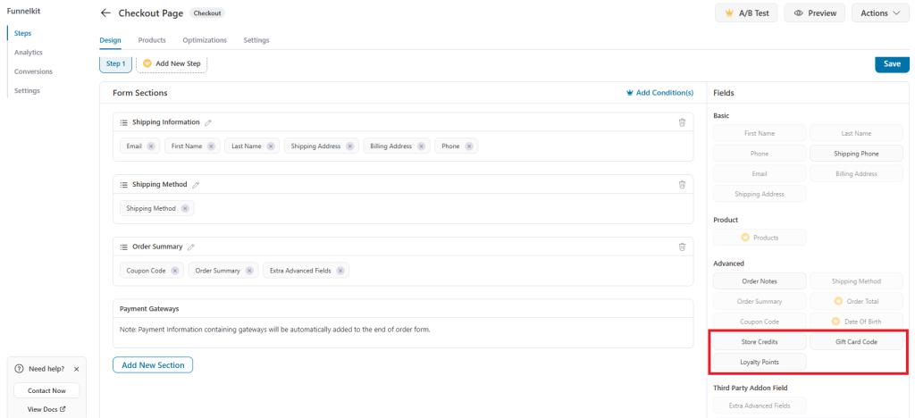 Checkout Page editor with sections for Shipping Information, Shipping Method, Order Summary and Payment gateways; right sidebar shows Store Credits and Gift Card Code highlighted.