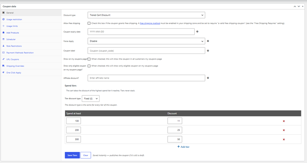 Admin coupon editor screen for Tiered Cart Discount, showing spend tiers: 0→11, 0→25, 0→50 with Save Tiers and Add tier buttons on the form.