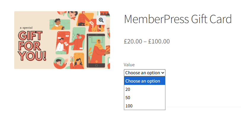 Gift card illustration with a collage of people and a smartphone, text says 'GIFT FOR YOU' (MemberPress Gift Card)