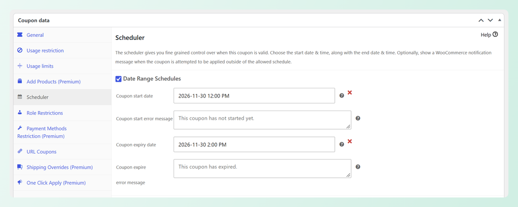 Advanced Coupons Scheduler with a Cyber Monday coupon set from 12 PM to 2 PM